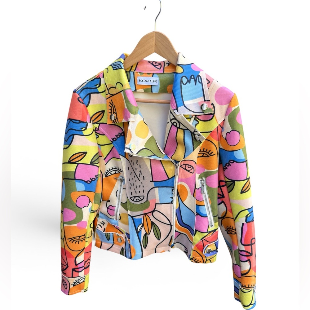 KOKER Colorful Abstract Art / Graffiti Face Print Biker Jacket